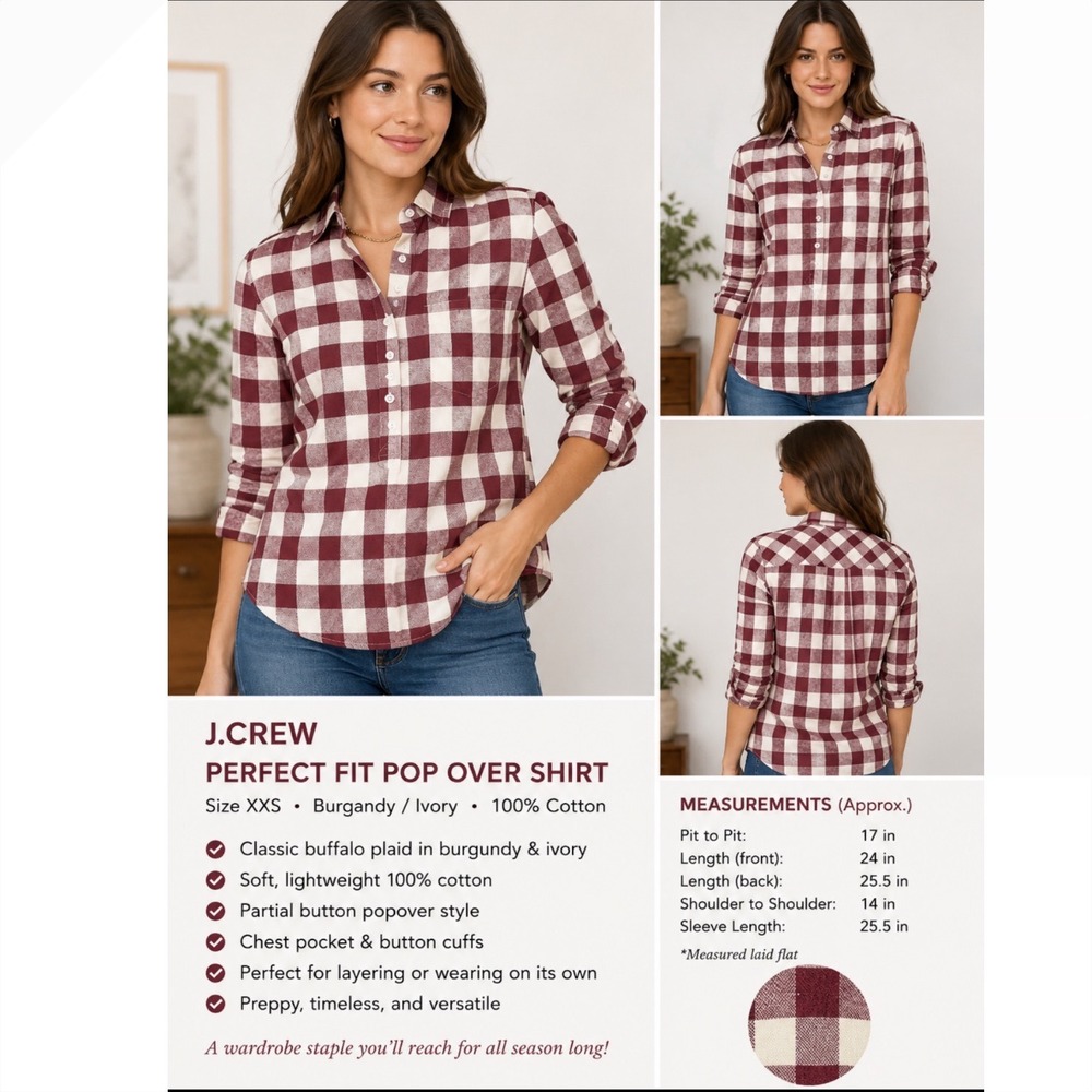 J.Crew Perfect Fit Popover Shirt Burgundy Ivory Buffalo Plaid Cotton XXS G0898